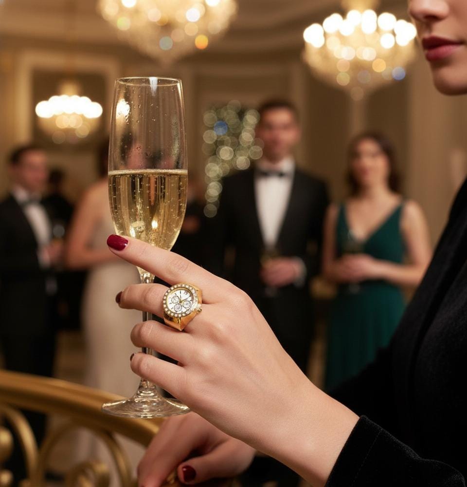 JASUNIQ ELEGANT GOLD PLATED CRYSTAL STUDDED WATCH RING Stainless Steel Cubic Zirconia Chain Ring - Single Finger