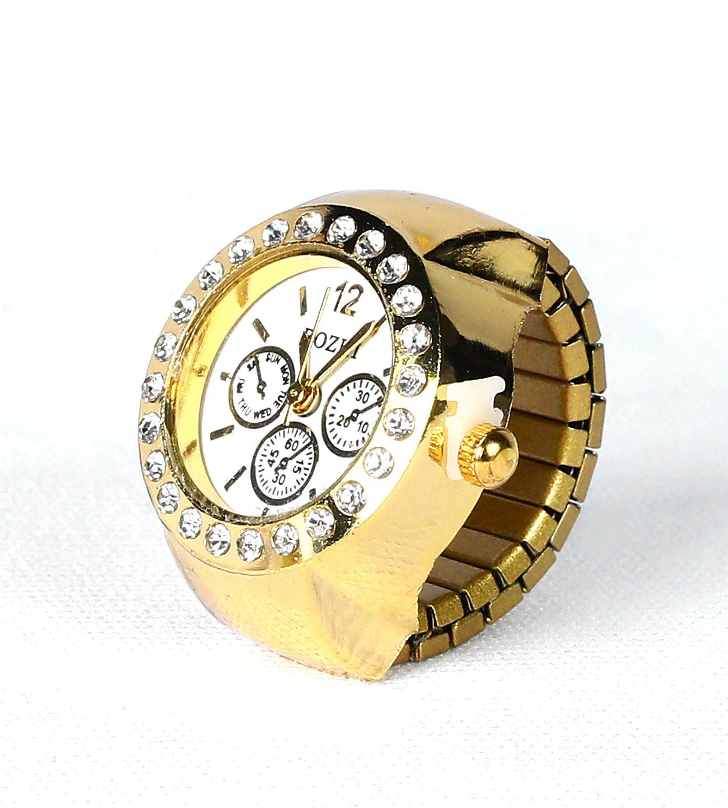 JASUNIQ ELEGANT GOLD PLATED CRYSTAL STUDDED WATCH RING Stainless Steel Cubic Zirconia Chain Ring - Single Finger