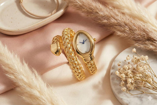 JASUNIQ DOUBLE WRAP TEXTURED SNAKE WATCH WITH WHITE DIAL