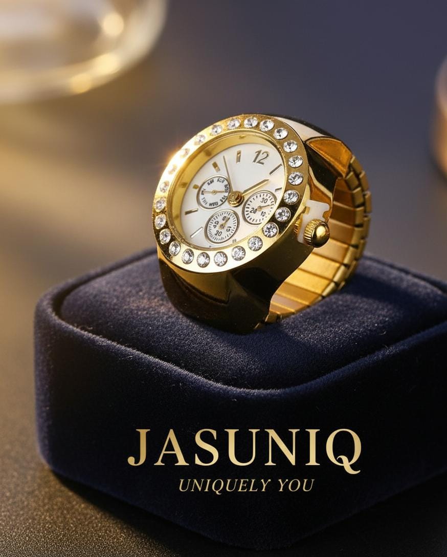 JASUNIQ ELEGANT GOLD PLATED CRYSTAL STUDDED WATCH RING Stainless Steel Cubic Zirconia Chain Ring - Single Finger