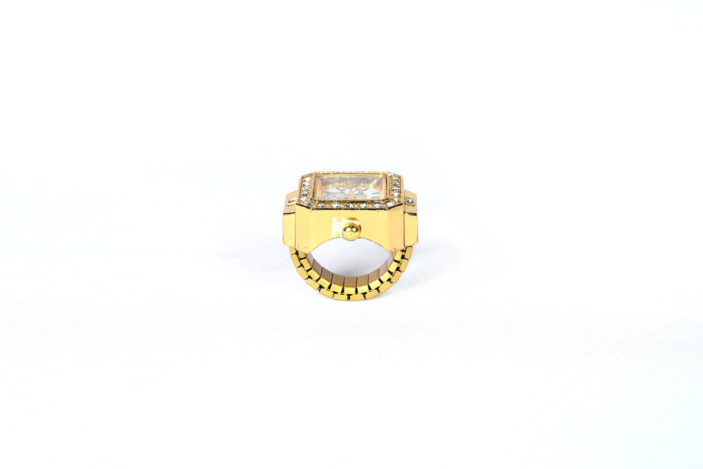 JASUNIQ SQUARE DIAL DIAMOND STUDDED WATCH RING Stainless Steel Cubic Zirconia Gold Plated Ring