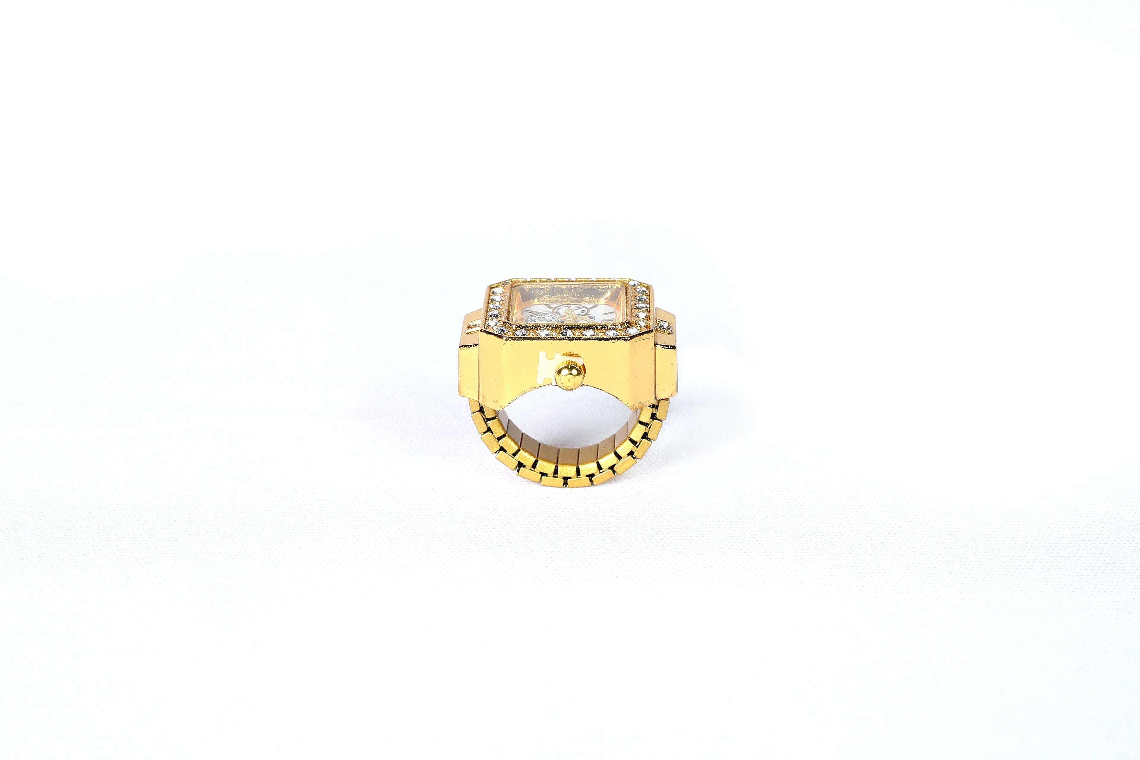 JASUNIQ SQUARE DIAL DIAMOND STUDDED WATCH RING Stainless Steel Cubic Zirconia Gold Plated Ring