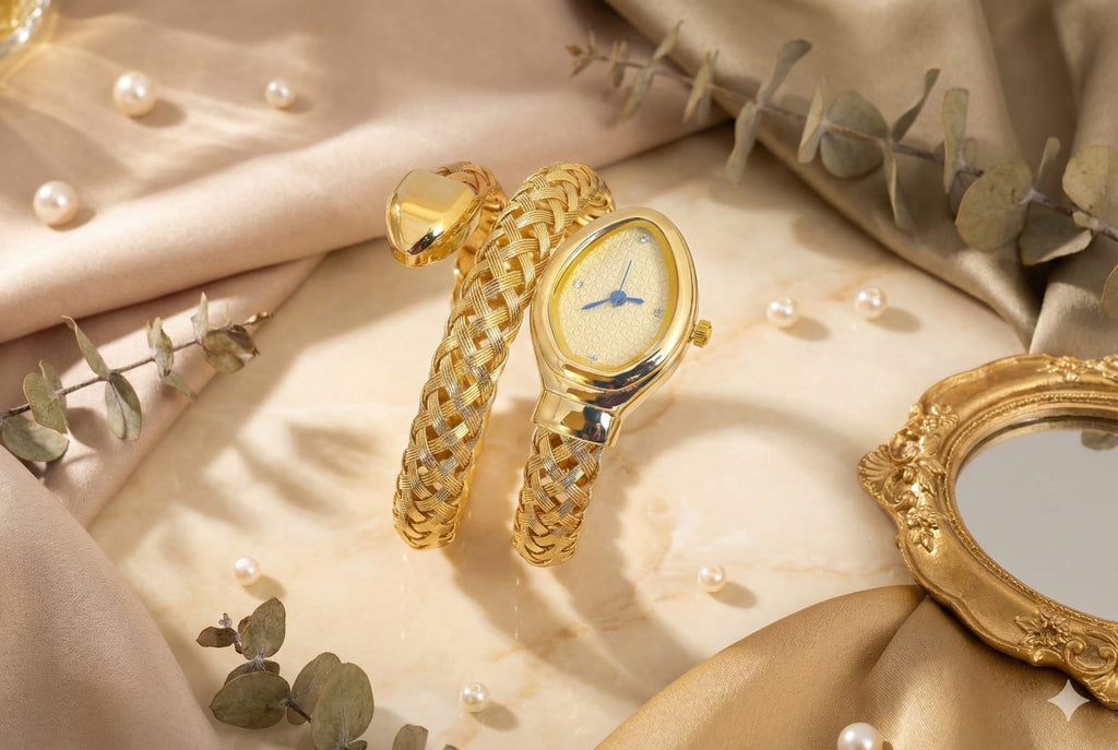 JASUNIQ DOUBLE WRAP TEXTURED SNAKE WATCH WITH YELLOW DIAL