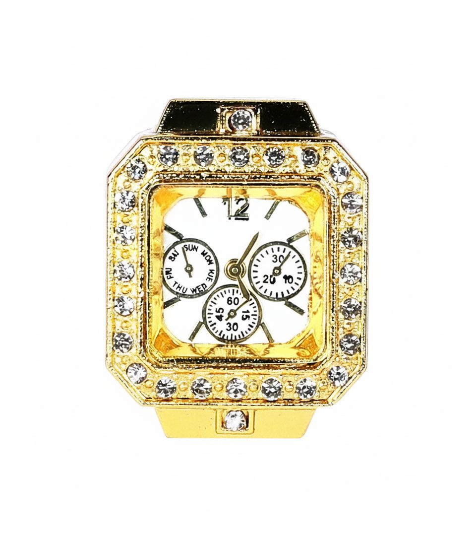 JASUNIQ SQUARE DIAL DIAMOND STUDDED WATCH RING Stainless Steel Cubic Zirconia Gold Plated Ring