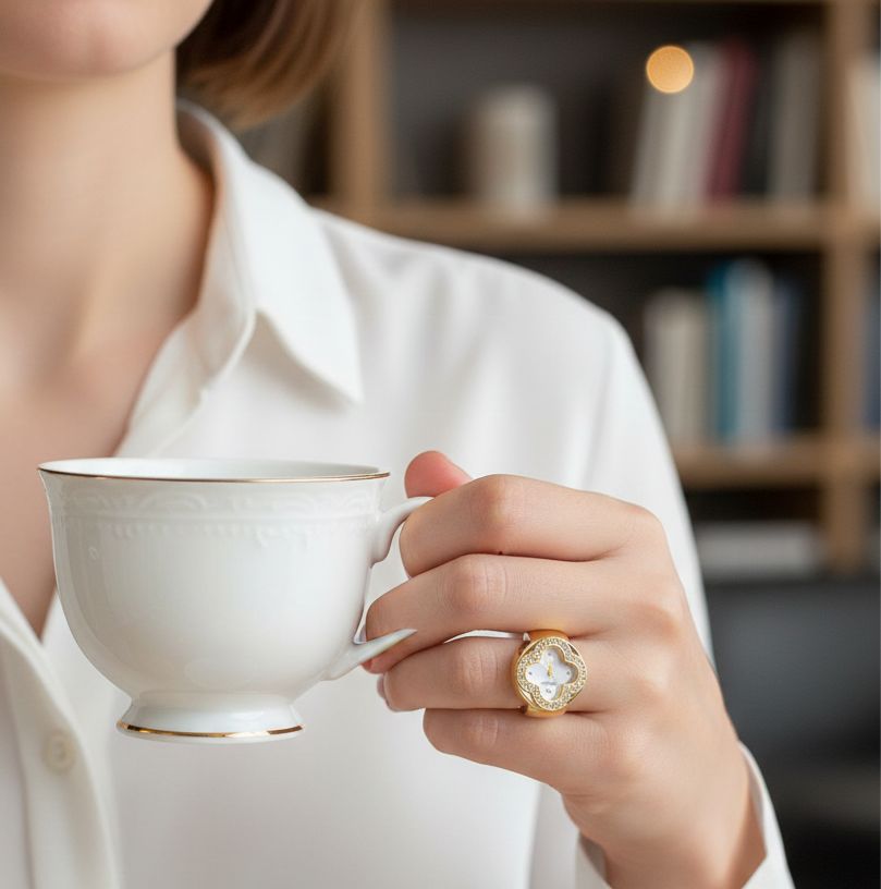 JASUNIQ JASUNIQ Glimmering Clover Crystal Quartz Watch Ring Stainless Steel Gold Plated Chain Ring - Single Finger