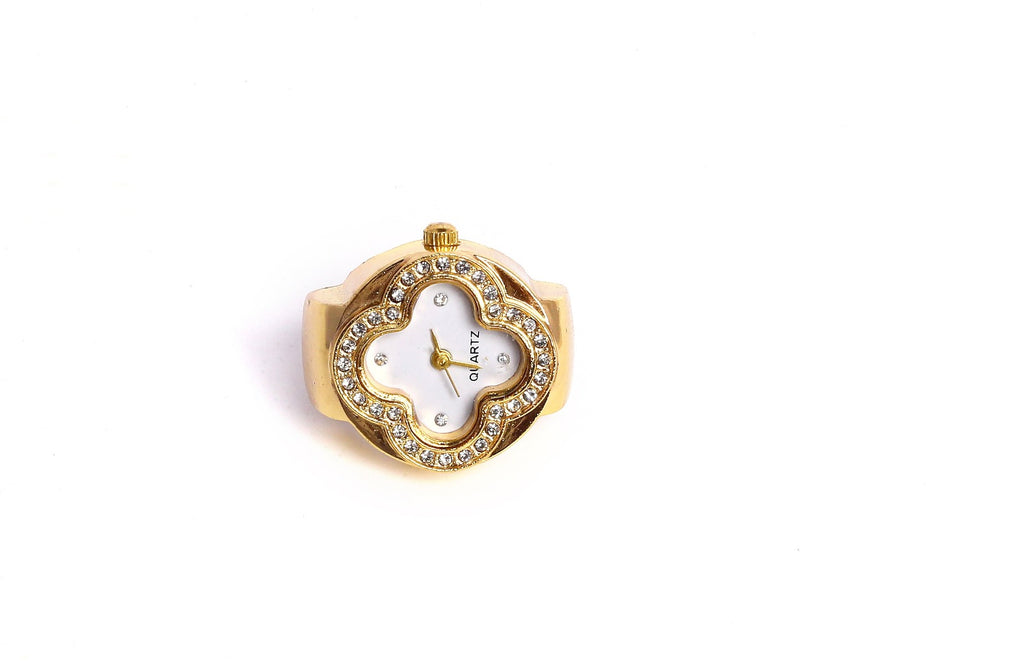 JASUNIQ JASUNIQ Glimmering Clover Crystal Quartz Watch Ring Stainless Steel Gold Plated Chain Ring - Single Finger