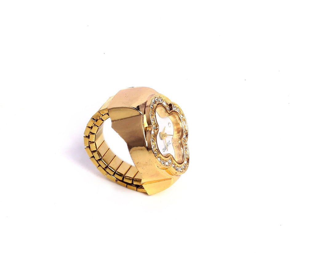 JASUNIQ JASUNIQ Glimmering Clover Crystal Quartz Watch Ring Stainless Steel Gold Plated Chain Ring - Single Finger