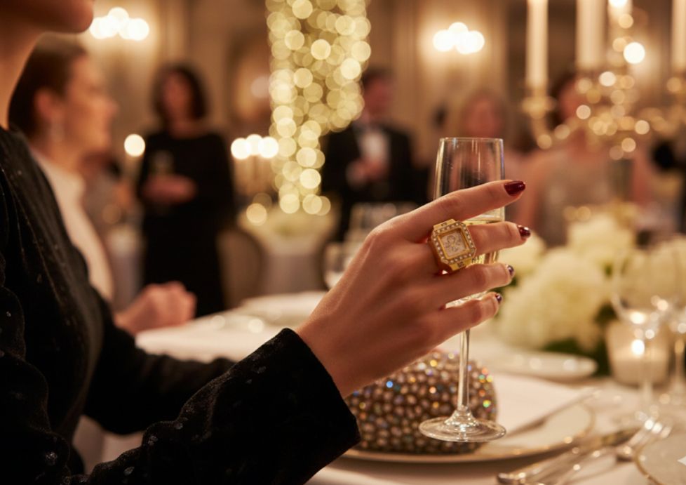 JASUNIQ SQUARE DIAL DIAMOND STUDDED WATCH RING Stainless Steel Cubic Zirconia Gold Plated Ring