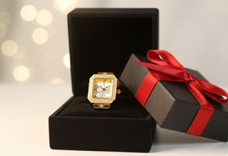 JASUNIQ SQUARE DIAL DIAMOND STUDDED WATCH RING Stainless Steel Cubic Zirconia Gold Plated Ring