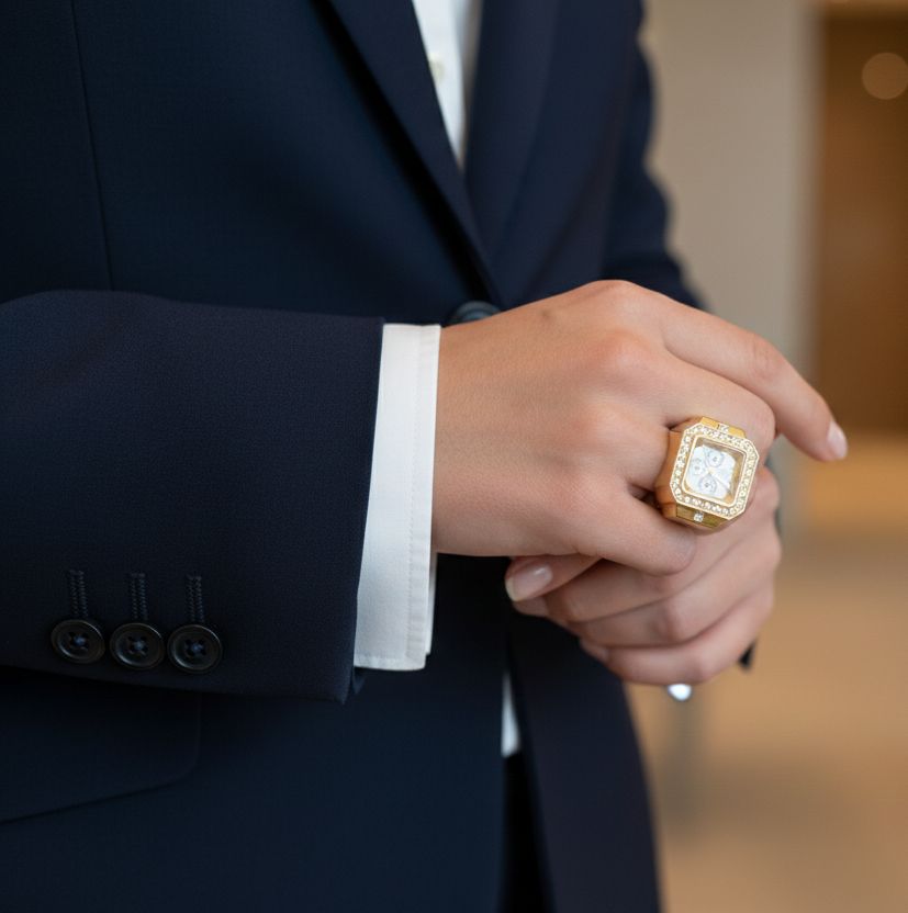 JASUNIQ SQUARE DIAL DIAMOND STUDDED WATCH RING Stainless Steel Cubic Zirconia Gold Plated Ring