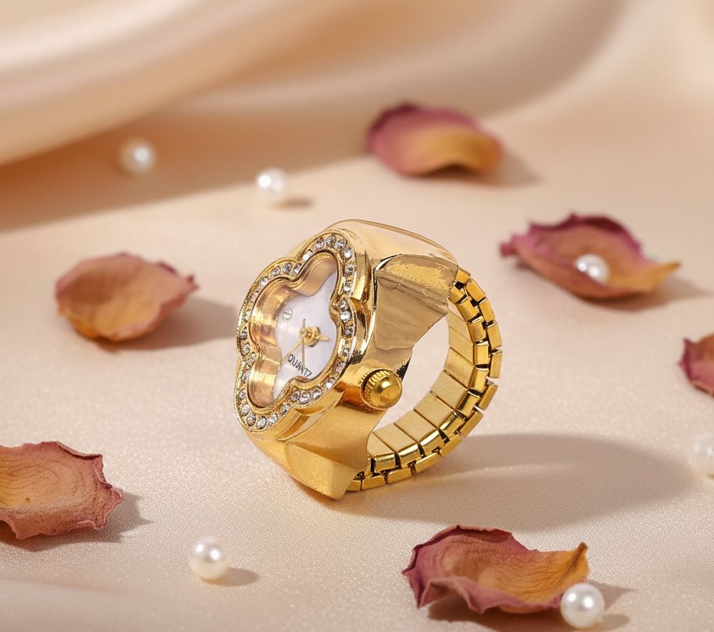 JASUNIQ JASUNIQ Glimmering Clover Crystal Quartz Watch Ring Stainless Steel Gold Plated Chain Ring - Single Finger